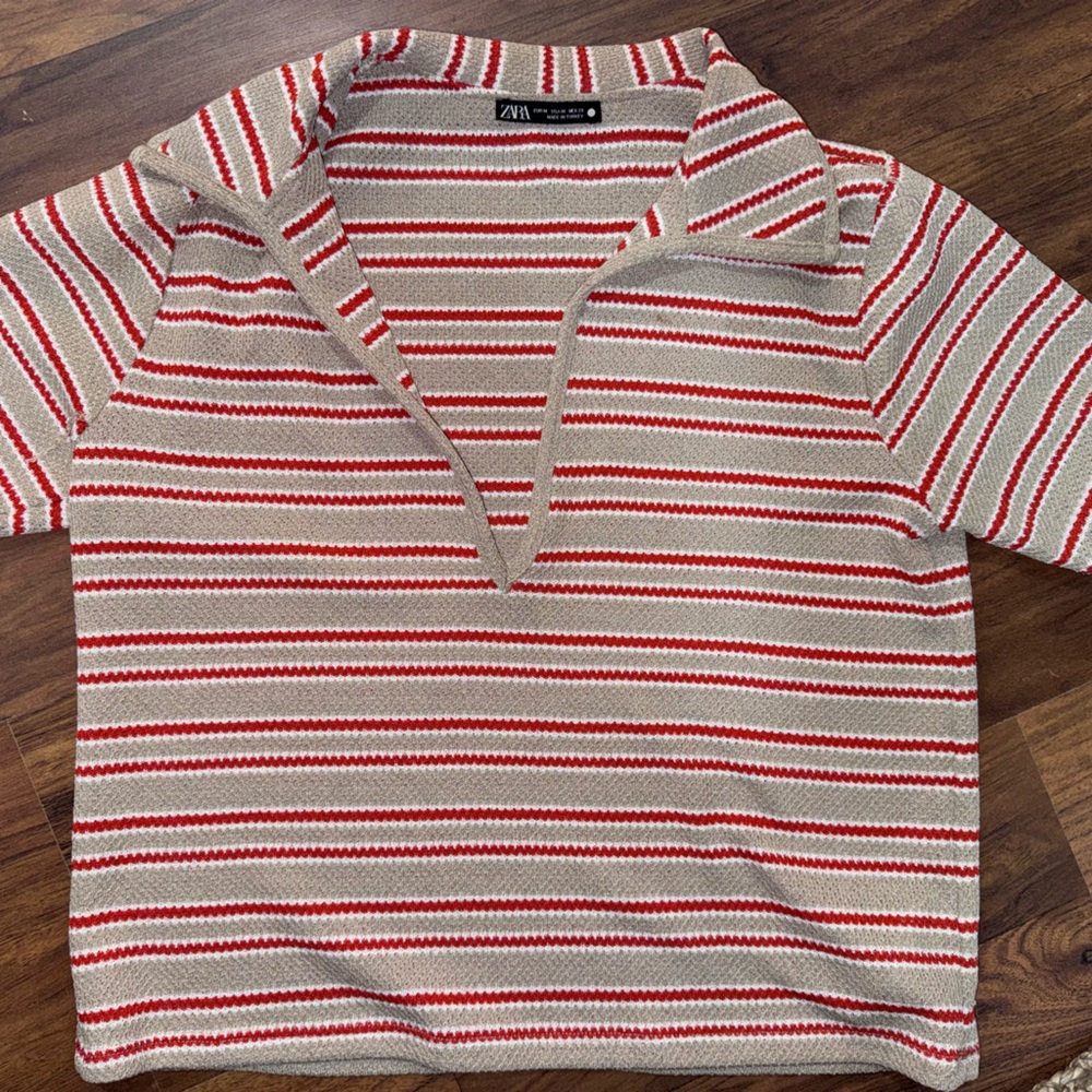 Zara Red and Cream Striped collared V neck
